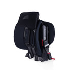 Black car seat with visible branding on a white background