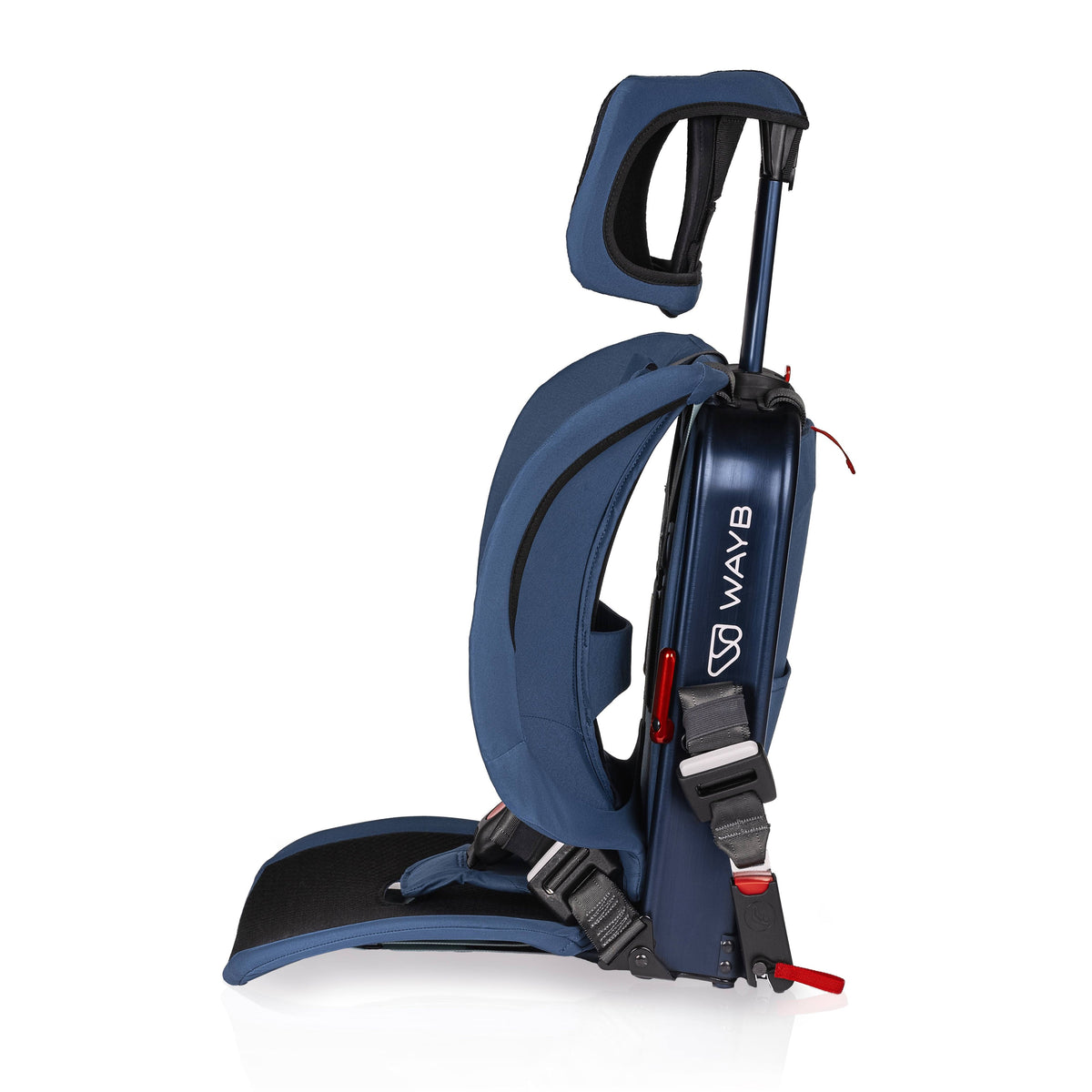 Blue child safety seat with 'WAYB' branding on a white background