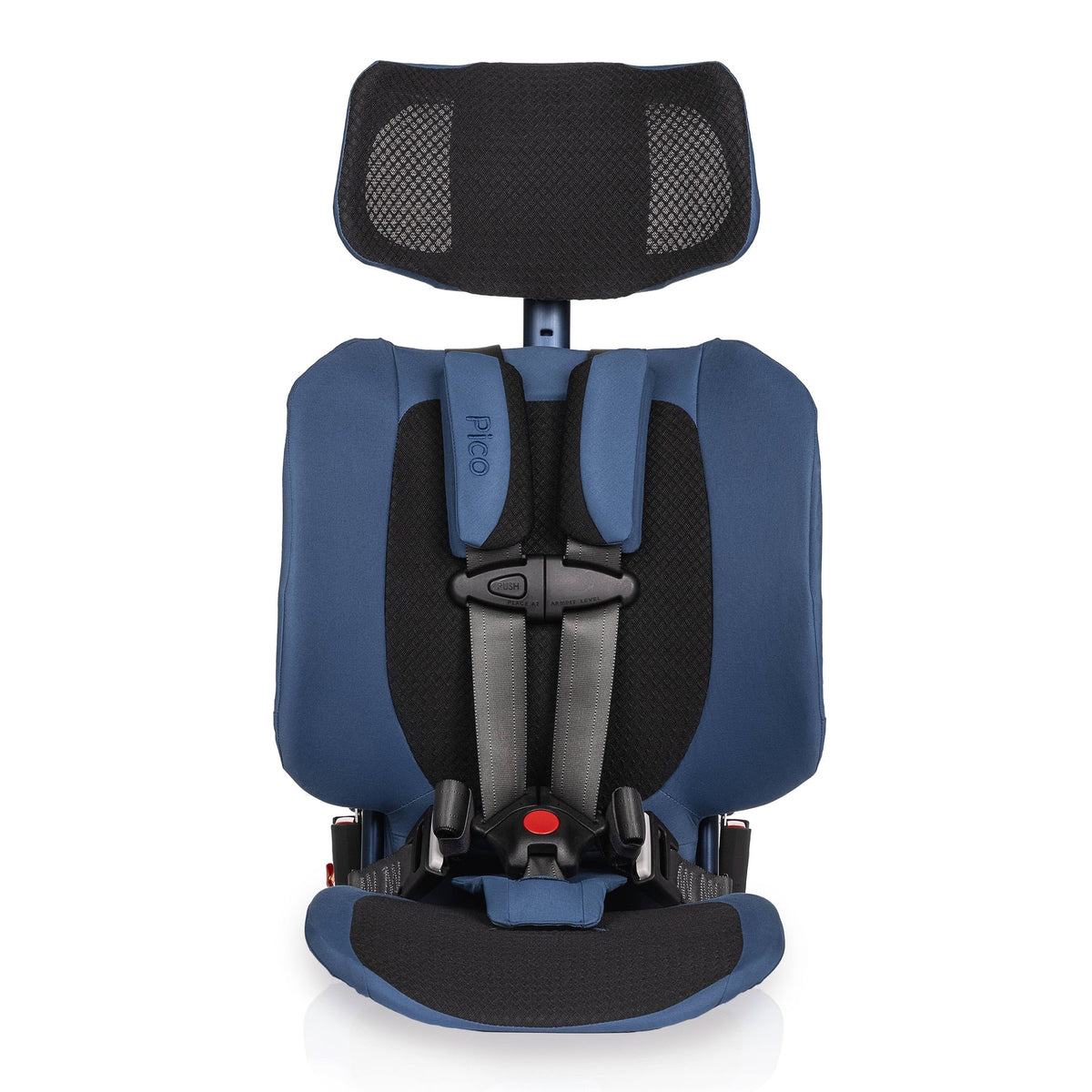 Blue and black child car seat on a white background