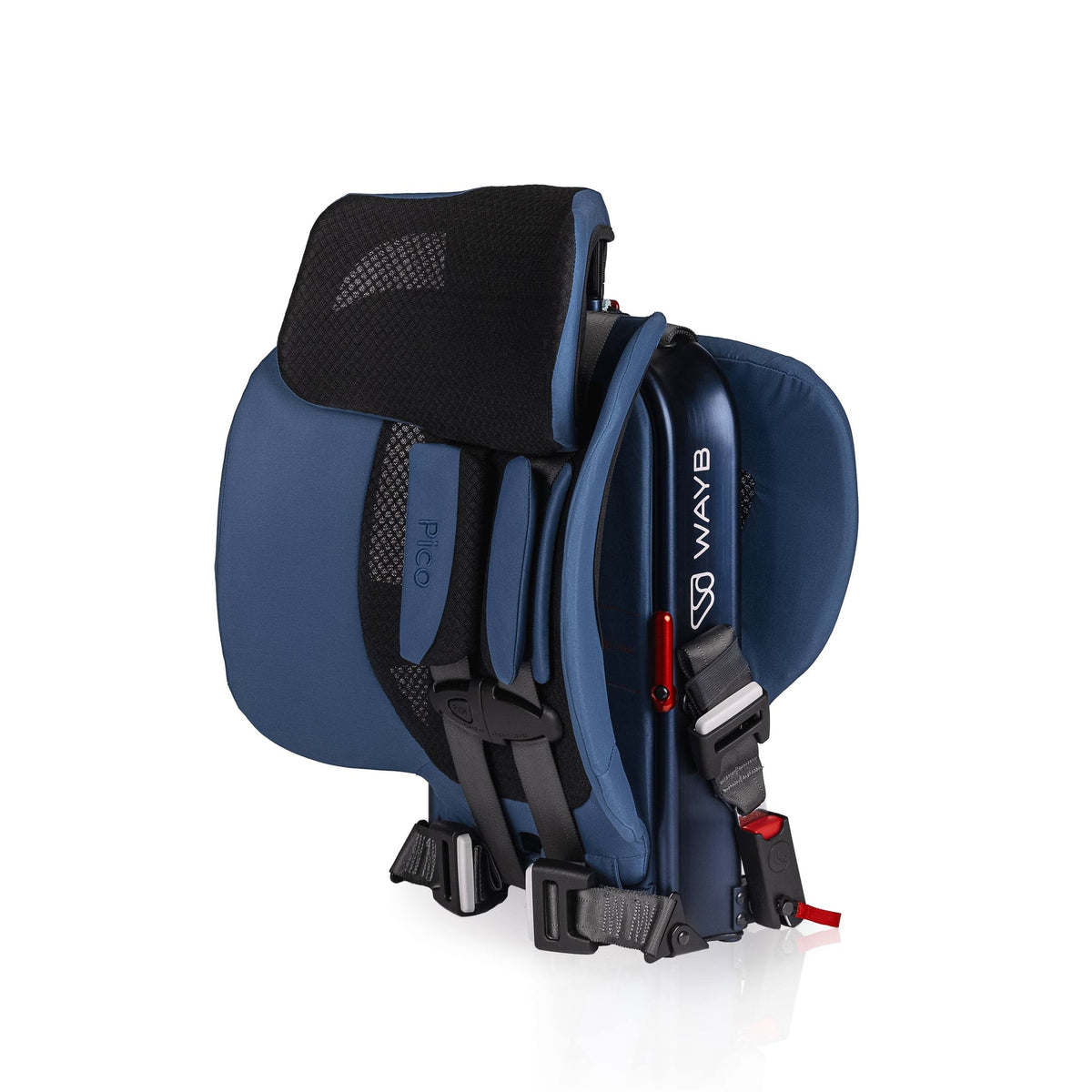 Blue and black child seat with 'Wave' branding on a white background