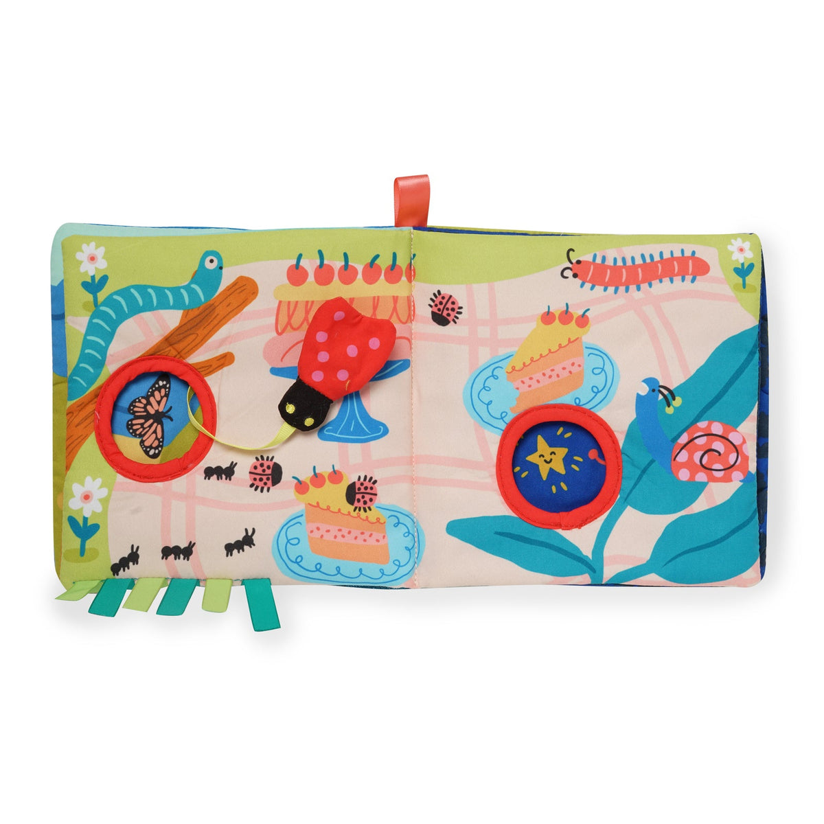 Colorful children's activity book with various stimuli on a white background