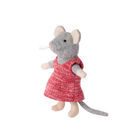 Stuffed mouse toy wearing a red dress on a white background