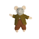 Stuffed mouse toy wearing a knitted sweater and pants on a white background