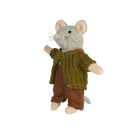 Stuffed mouse toy wearing a green sweater and brown pants on a white background