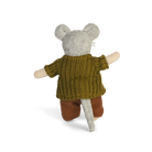 Toy mouse wearing a knitted sweater and pants on a white background
