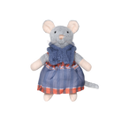 Stuffed mouse toy wearing a blue dress with a plaid skirt on a white background
