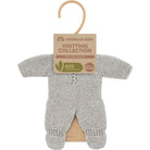 Knitted grey baby romper for doll on a white background with craft paper hangtag and hanger.