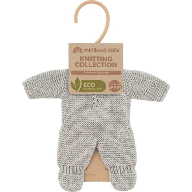 Knitted grey baby romper for doll on a white background with craft paper hangtag and hanger.
