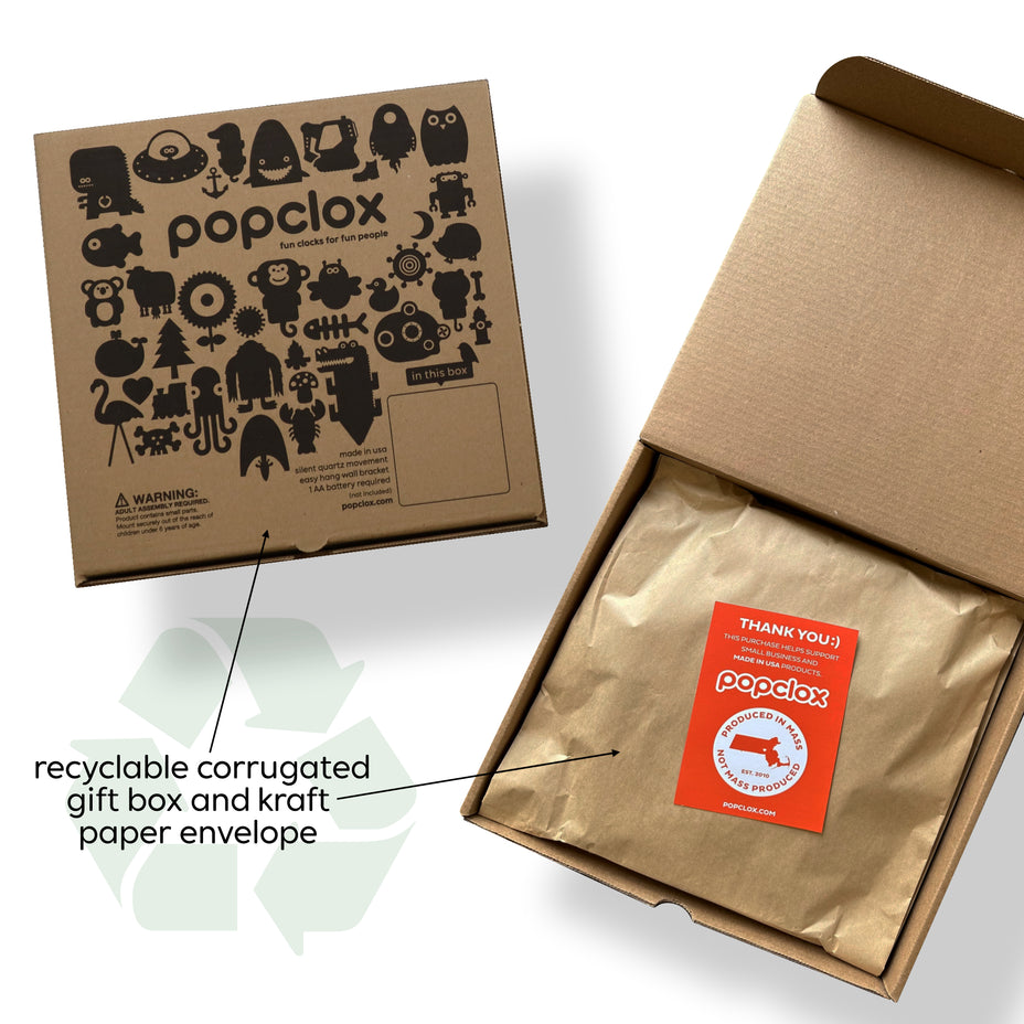 Recyclable corrugated gift box with kraft paper envelope and popclox branding.
