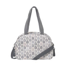 A dome-shaped duffel bag with a repeating gray leaf pattern on a white background, featuring gray shoulder straps and a matching crossbody strap, shown on a plain white background.