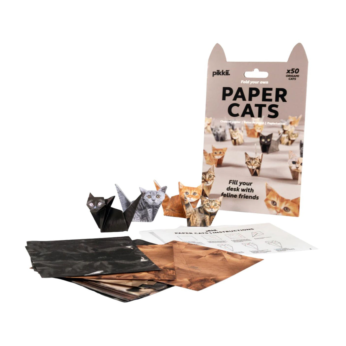 Packaging of paper cats with instructions on a white background