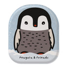 Illustration of a penguin wearing a sweater with a snowy background, featuring 'Penguin & Friends' text.