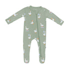 Green baby onesie with duck pattern on a white background