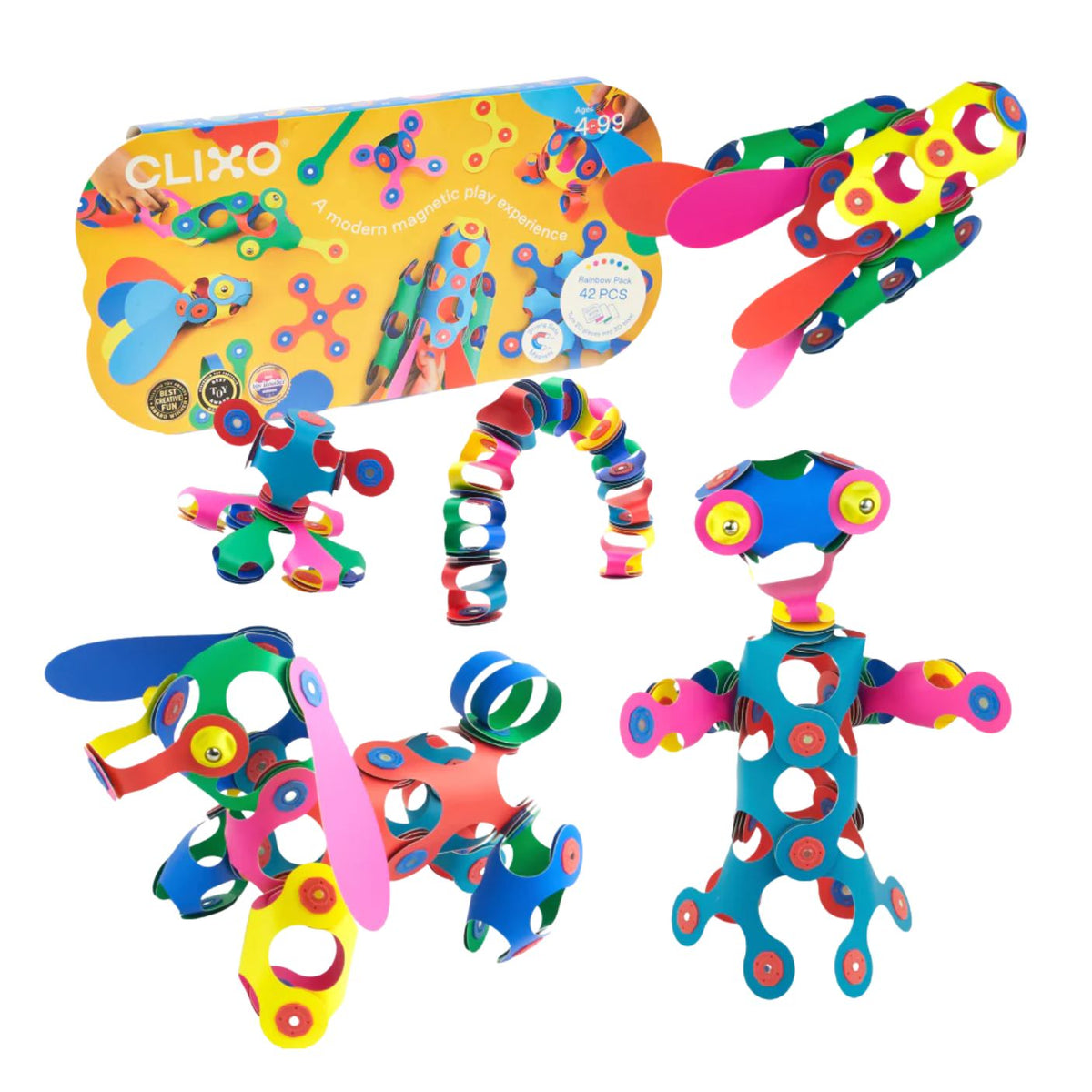 Colorful magnetic play set with packaging on a white background