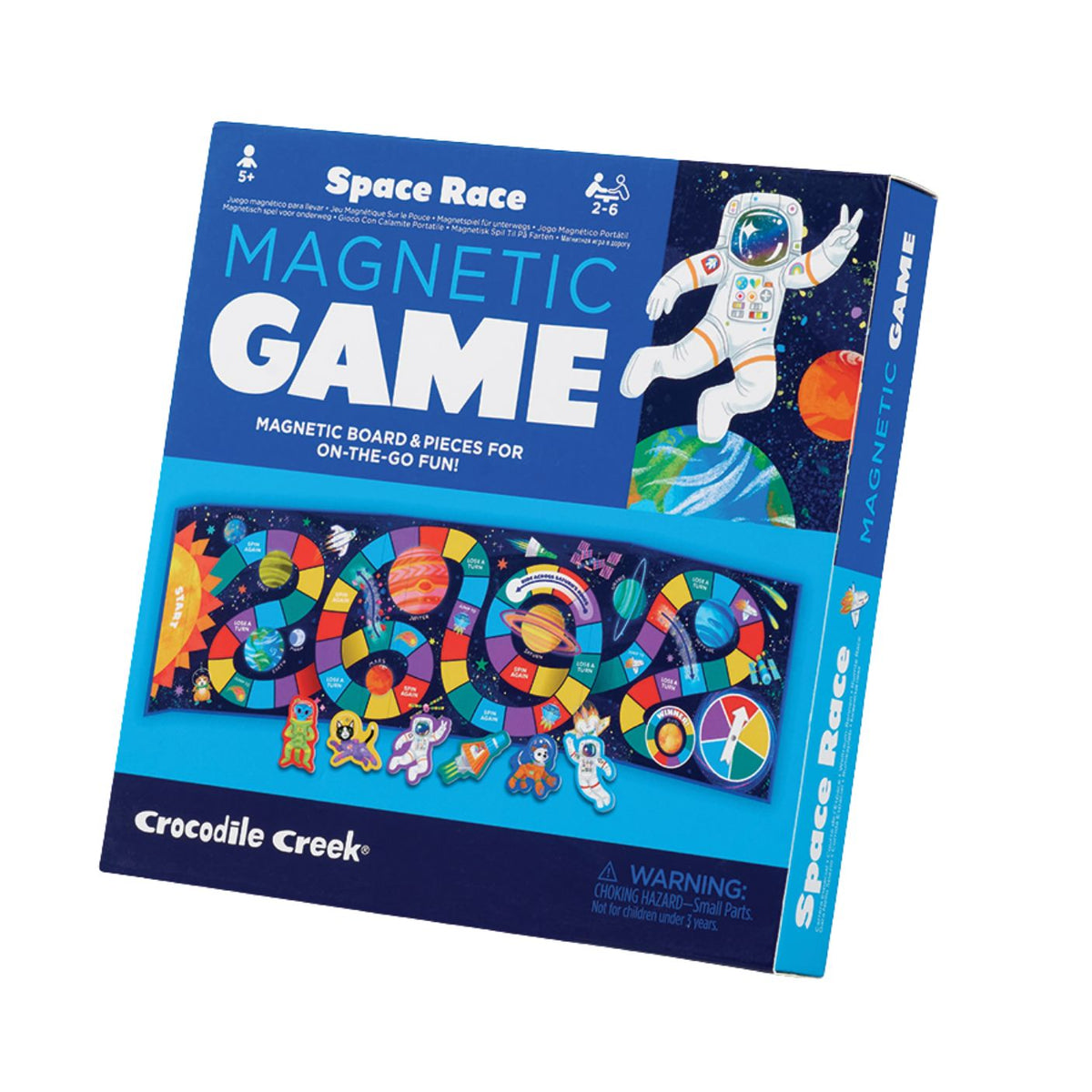 Space Race Magnetic Game box by Crocodile Creek, featuring a bright blue package with an astronaut illustration, planets, and a preview of the colorful magnetic board and pieces.