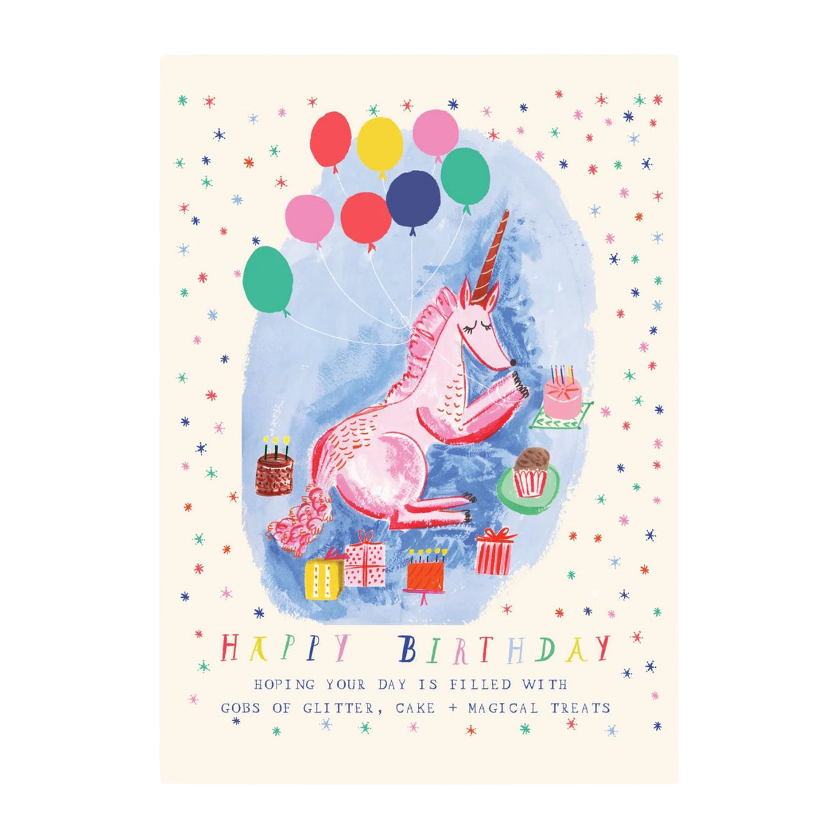 Birthday card with a unicorn and balloons on a light background