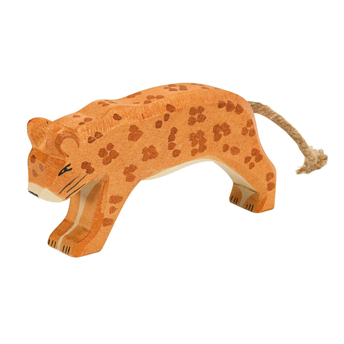 Wooden toy leopard with brown spots on a white background