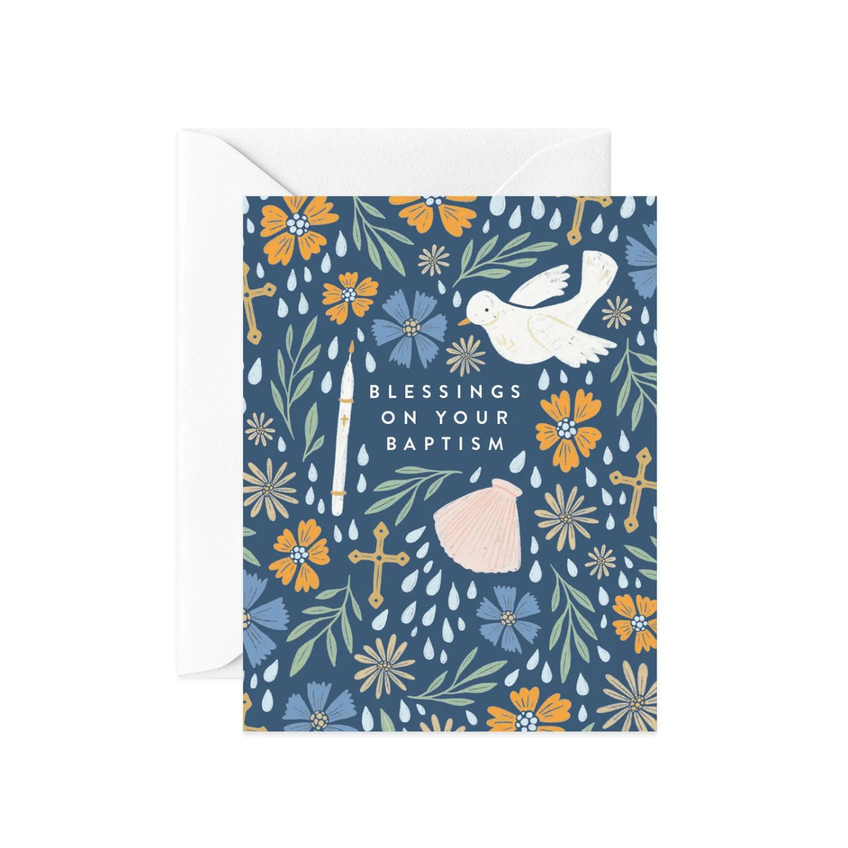 Greeting card with floral design, dove, and text 'Blessings on Your Baptism' on a blue background.