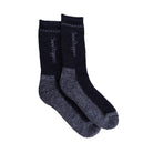 Pair of black and gray socks with 'SnowShoppers' branding on a white background