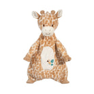 Plush giraffe toy with a white belly featuring an illustration of a baby and a flower on a white background