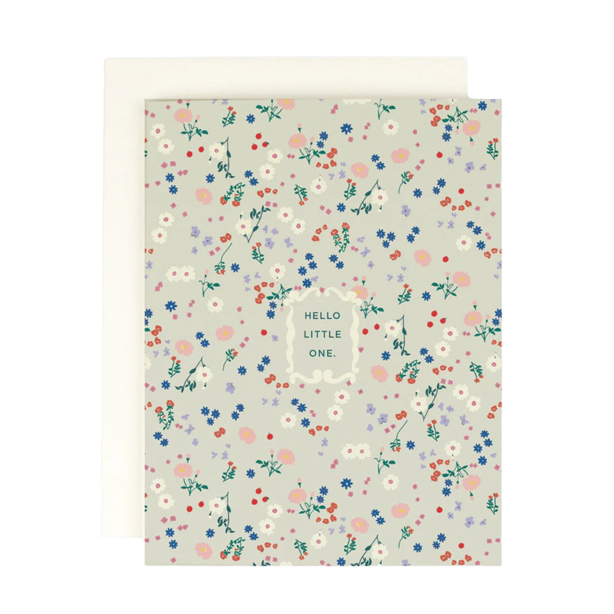 Greeting card with floral pattern and 'Hello Little One' text on a light background