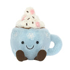 Plush toy shaped like a blue mug with a smiling face, topped with whipped cream and chocolate sprinkles on a white background.