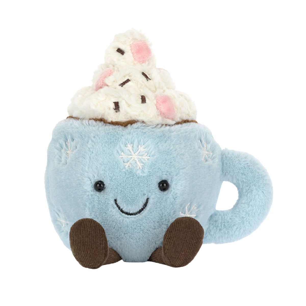 Plush toy shaped like a blue mug with a smiling face, topped with whipped cream and chocolate sprinkles on a white background.