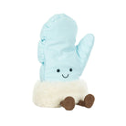 Blue plush toy with a happy face on a white background