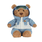 Teddy bear wearing a blue raincoat with a hood on a white background