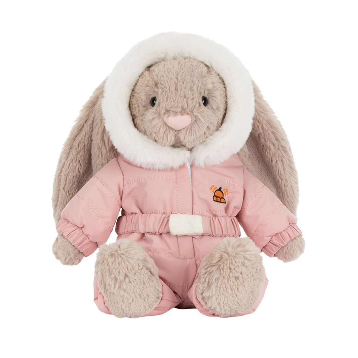 Plush toy rabbit in a pink snowsuit with a white hood on a white background