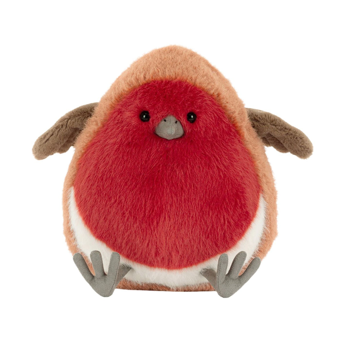 Plush toy resembling a red bird with brown wings on a white background