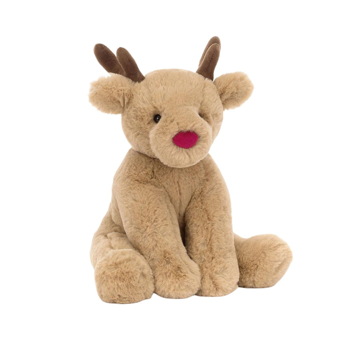 Plush toy reindeer with a pink nose on a white background