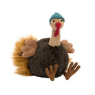 Plush toy turkey with a blue hat on a white background