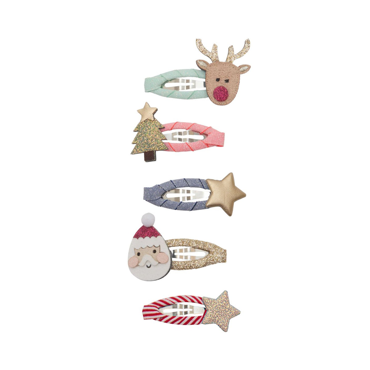 Set of Christmas-themed hair clips on a white background