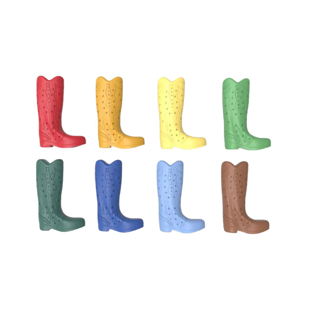 Set of colorful cowboy boot-shaped items on a white background