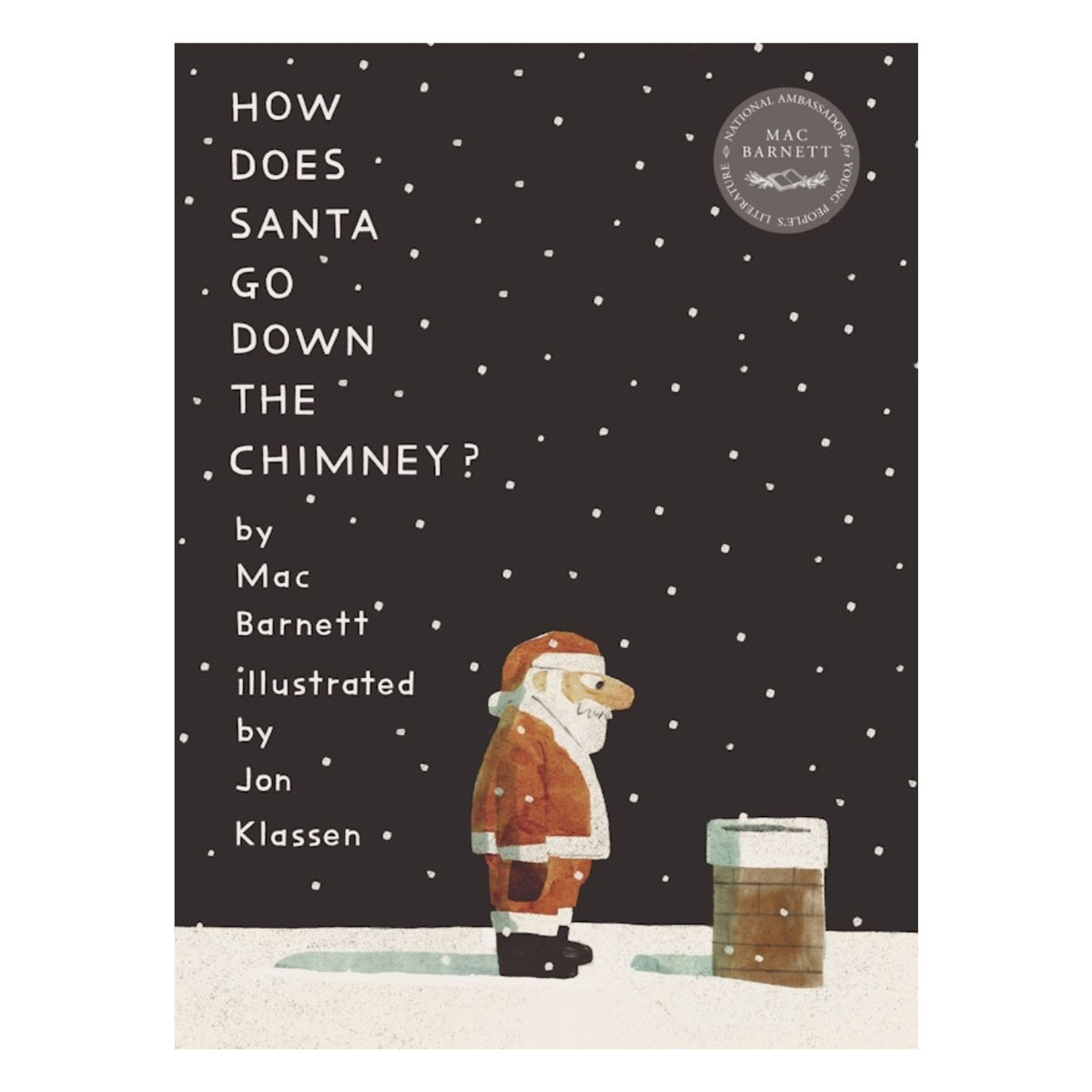Book cover of 'How Does Santa Go Down the Chimney?' with Santa Claus and a gift on a snowy night.