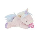 Plush unicorn toy with pastel colors on a white background