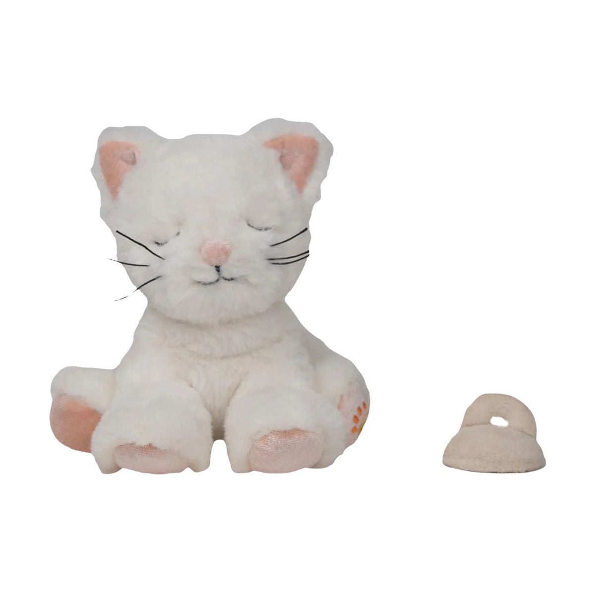 White cat-shaped plush toy with a small white bowl on a white background