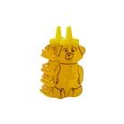 A translucent yellow squeeze bottle shaped like a teddy bear, designed to look like it is holding a second squeeze bottle, set against a plain white background.
