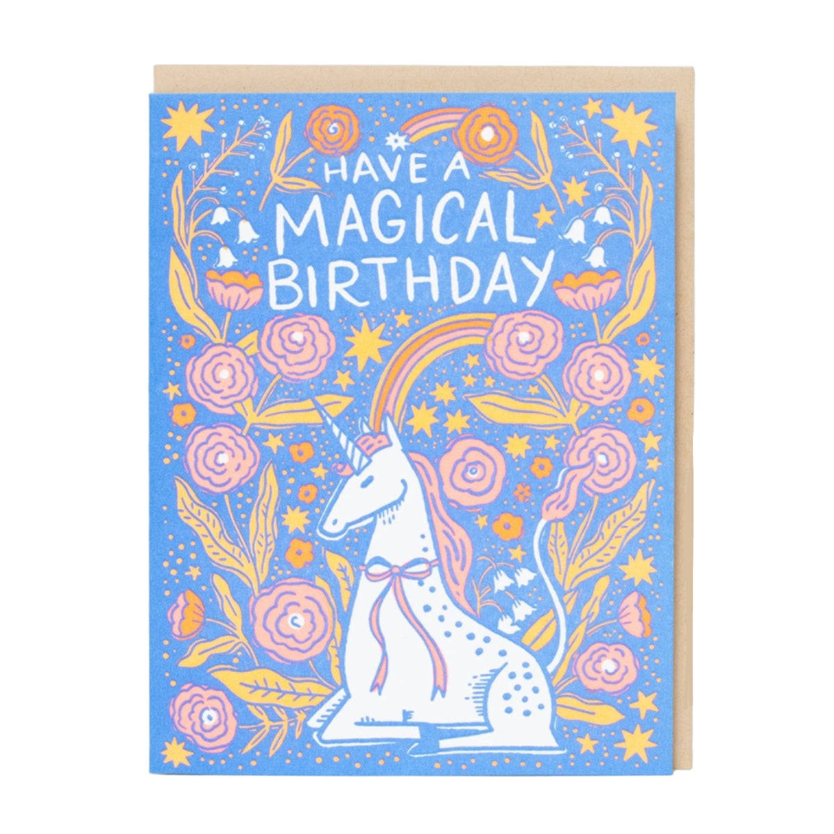 Greeting card with unicorn illustration and 'Have a Magical Birthday' text on a blue background