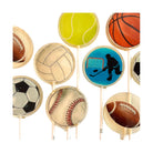 Set of sports-themed lollipops on sticks against a white background