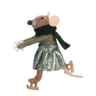 Decorative mouse figure wearing a green sweater, black scarf, and silver skirt, standing on ice skates against a white background.