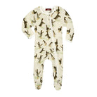 A baby footed sleeper in an off-white/cream color featuring an all-over print of black and brown ducks with yellow beaks. The sleeper has long sleeves, a front zipper, and a crew neckline.