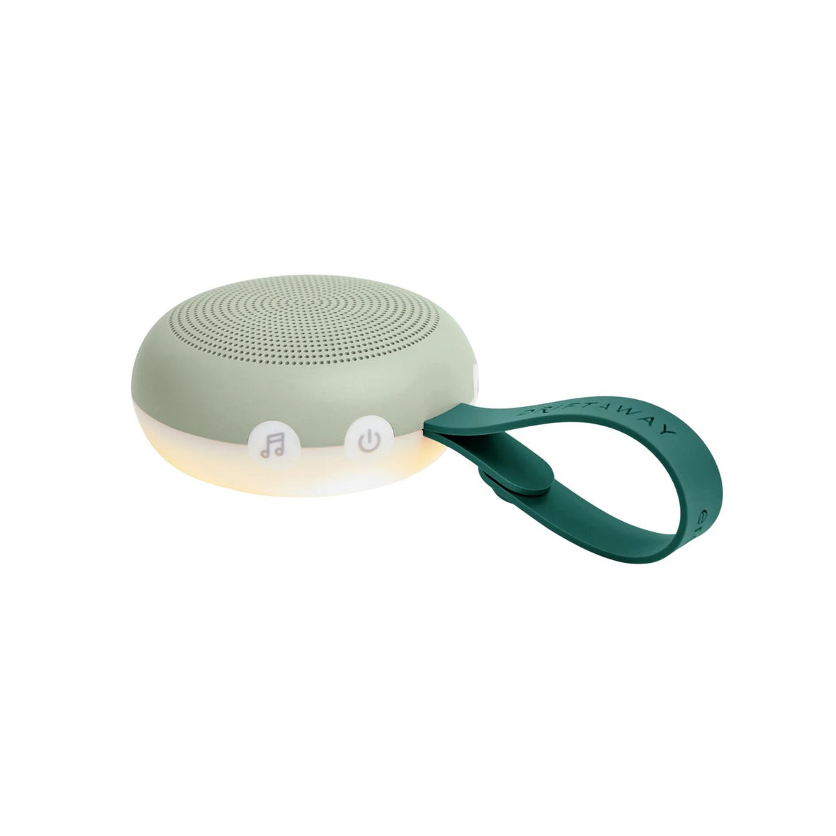 A portable round Bluetooth speaker with a light sage green top, a white bottom band, and a dark teal carrying strap. The speaker features two white buttons with musical note and power icons, and the brand name 'KAVU' is embossed on the strap.