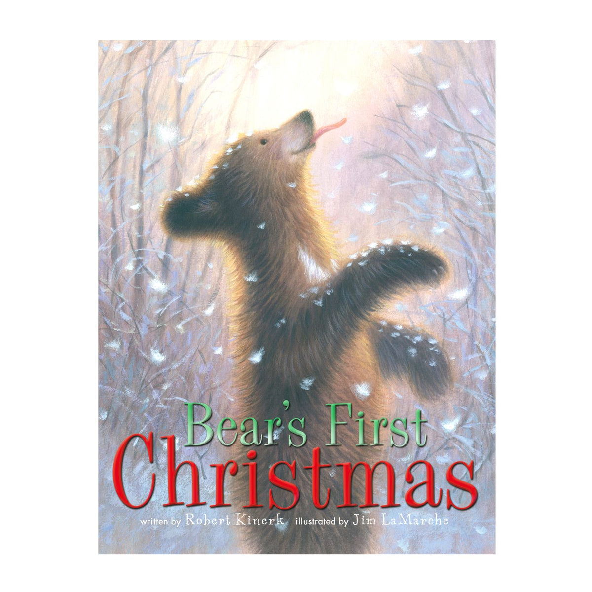Book cover of 'Bear's First Christmas' with a bear standing on its hind legs against a snowy background.