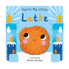 Book cover of 'You're My Little Latke' with a cartoon latke and candles on a blue background.