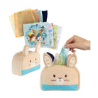 Two bunny-shaped card holders with cards inside on a white background