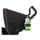 Black stroller with a green water bottle holder attached