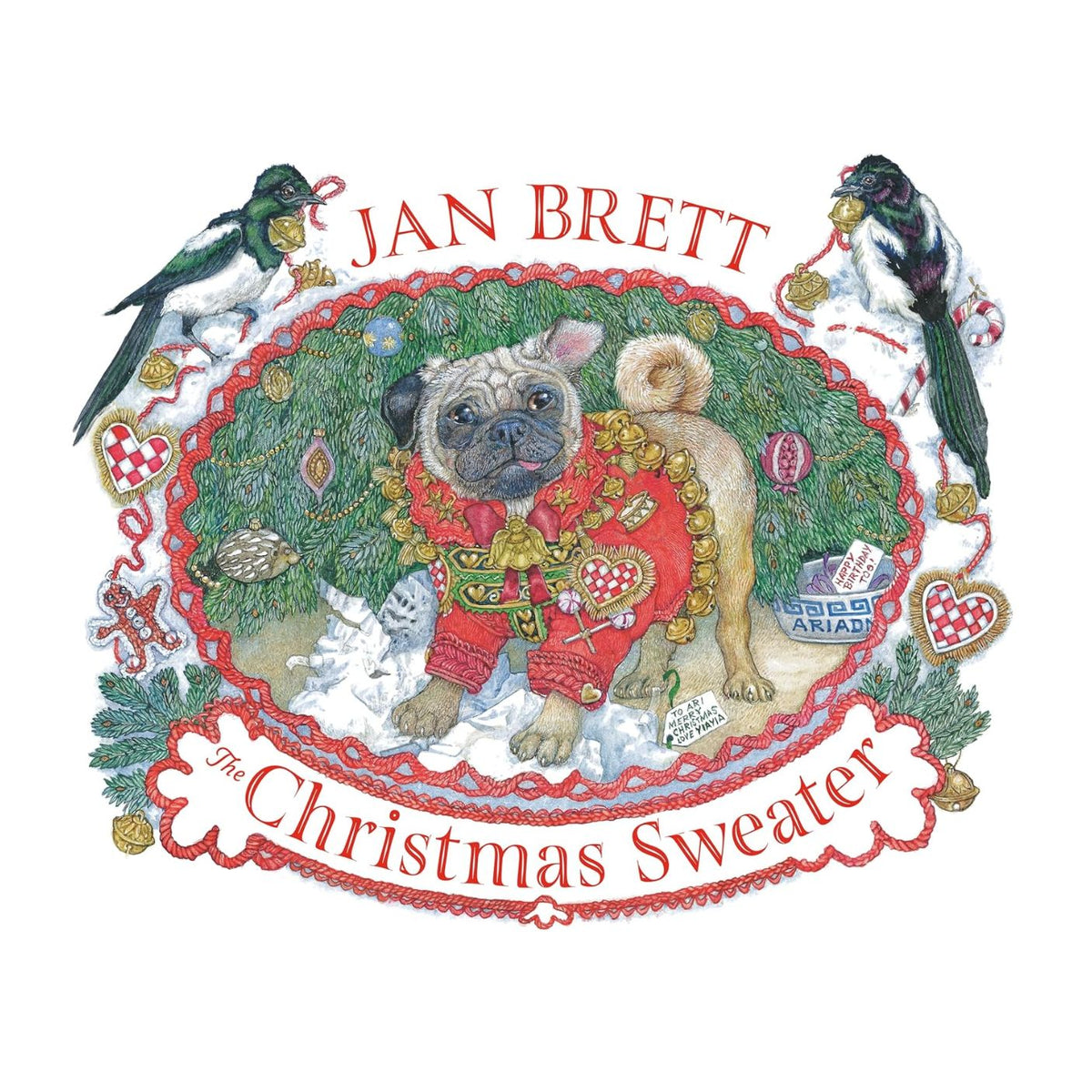 Book cover of 'The Christmas Sweater' by Jan Brett featuring a dog in a red sweater with festive elements.