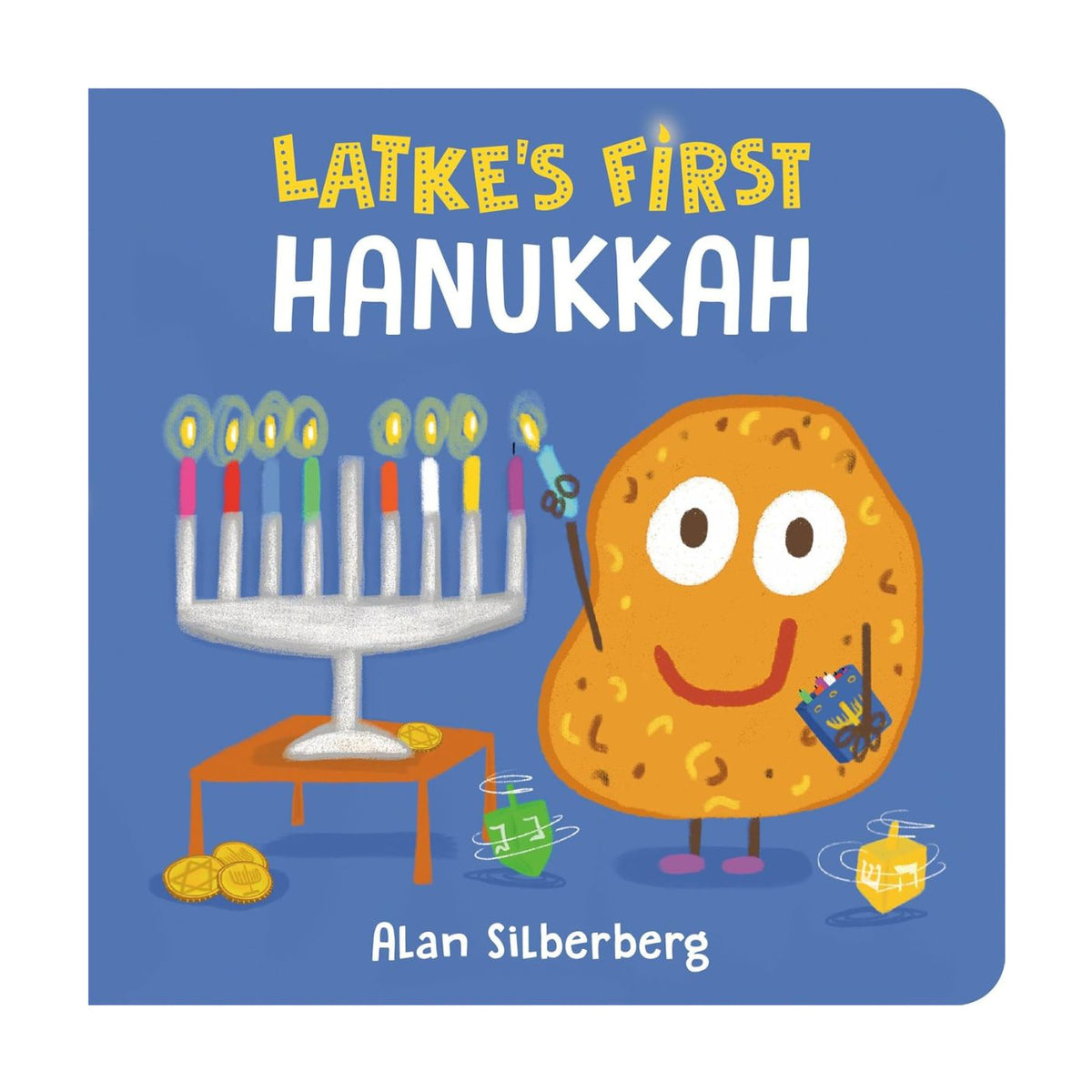 Book cover of 'Latke's First Hanukkah' with a cartoon potato and menorah on a blue background.